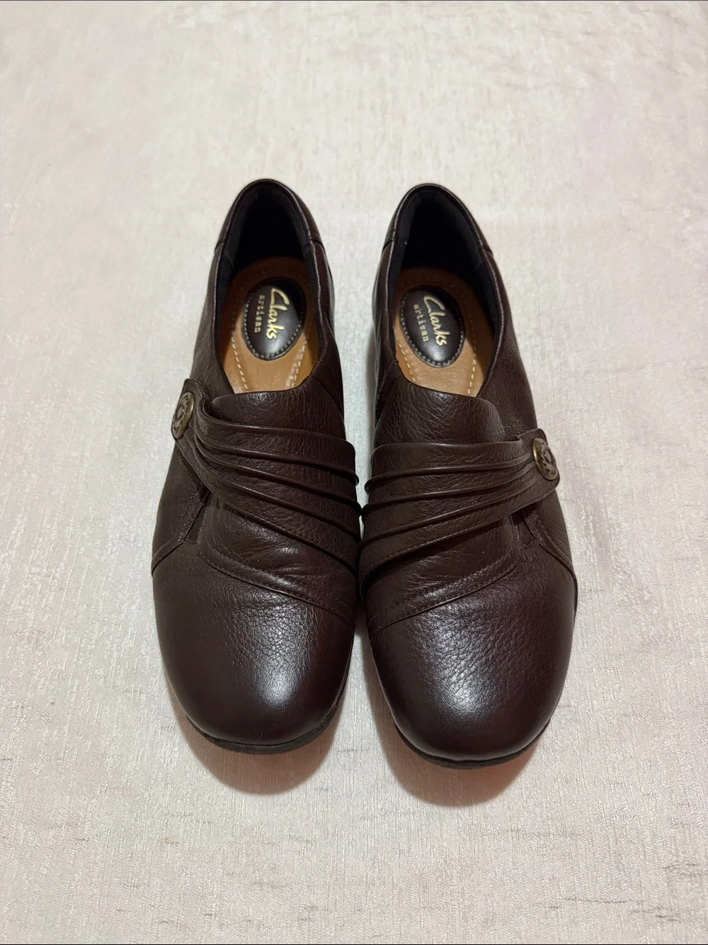 Clarks Brown Leather Slip-On Loafers with Decorative Button